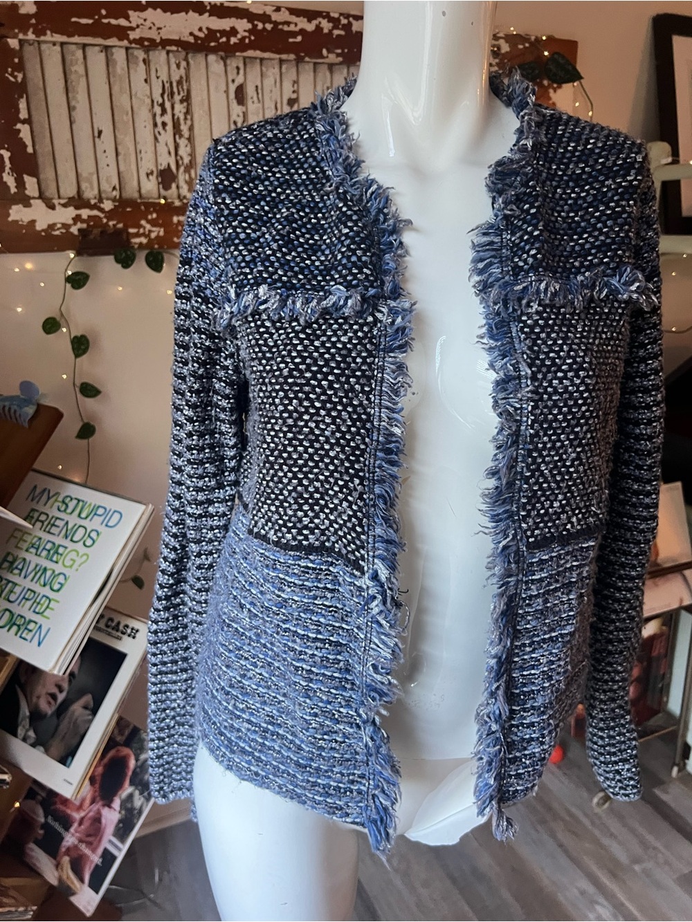Chico’s Tweed Fringe Jacket Size Small Blue Chanel Inspired